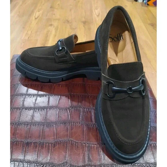 Söfft Satara Chocolate Brown Suede Horsebit Lug Sole Platform Loafers Size 8 - Picture 7 of 11